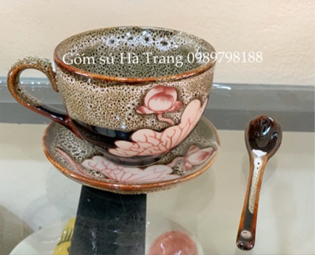 Set cốc đĩa capuchino gốm sứ Bát Tràng cao cấp men hoả biến gấm khắc sen chìm