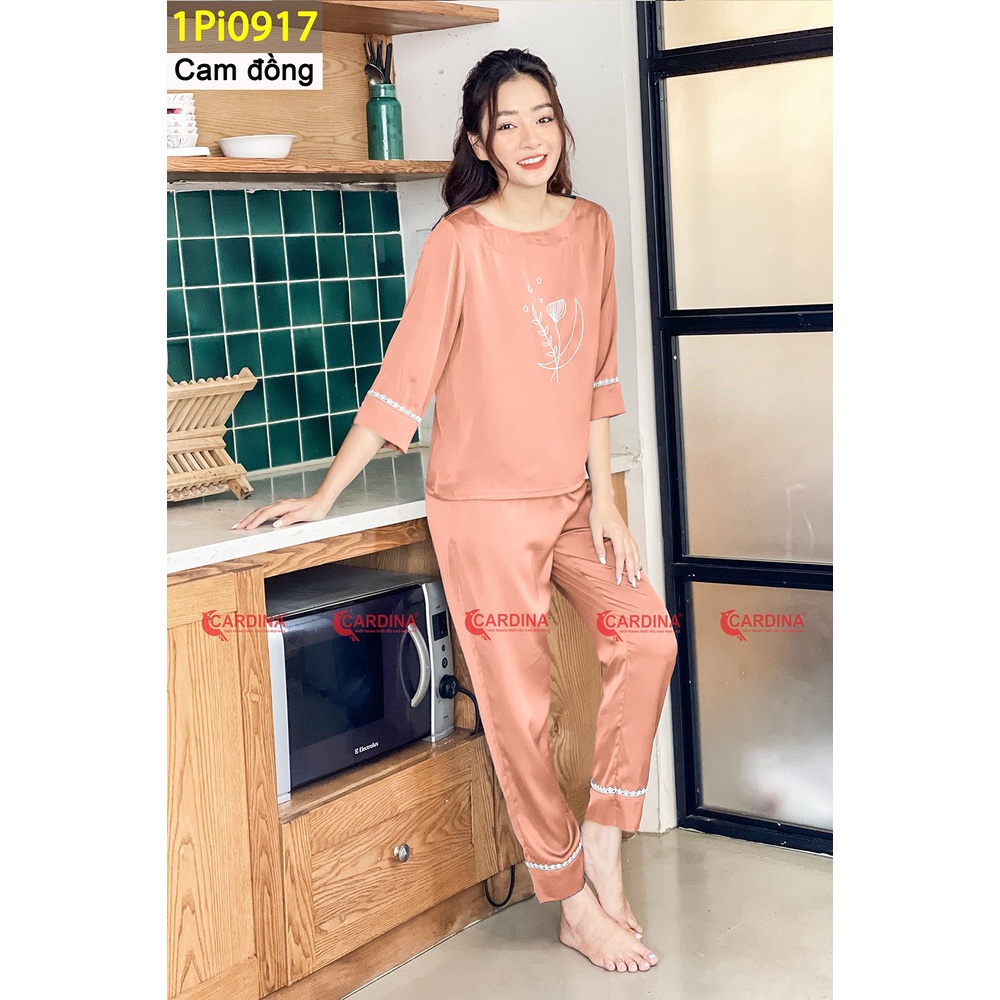 Bộ đồ Pijama nữ Cardina áo tay lỡ quần dài in hình lé ren chất lụa Satin Nhật cao cấp