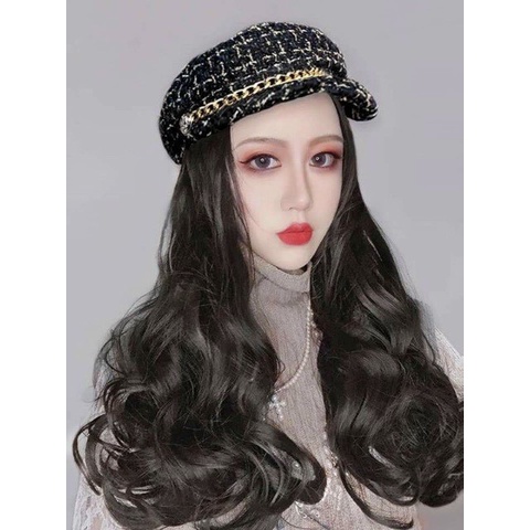 Bộ tóc giả dài uốn gơn sóng phối mũ lưỡi trai thời trang thu đông cho nữ