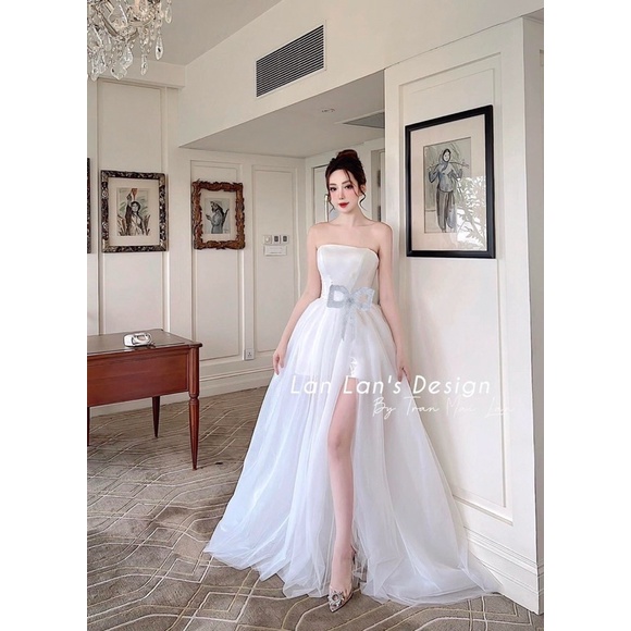 Đầm maxi dạ hội cúp ngực kèm nơ hình sàn thật