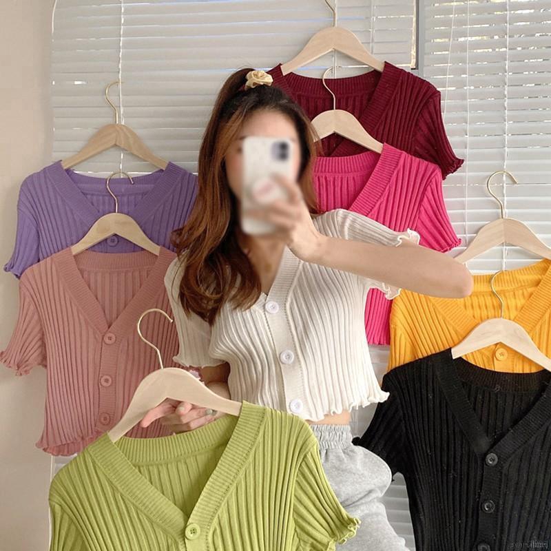 Áo Cardigan Dệt Kim Ngắn Tay Cổ V Đính Nút Thời Trang Cho Nữ