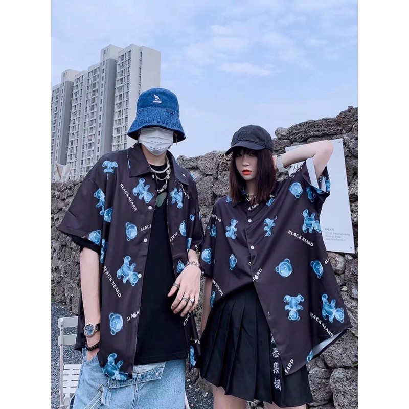 Áo somi unisex form rộng in hình gấu