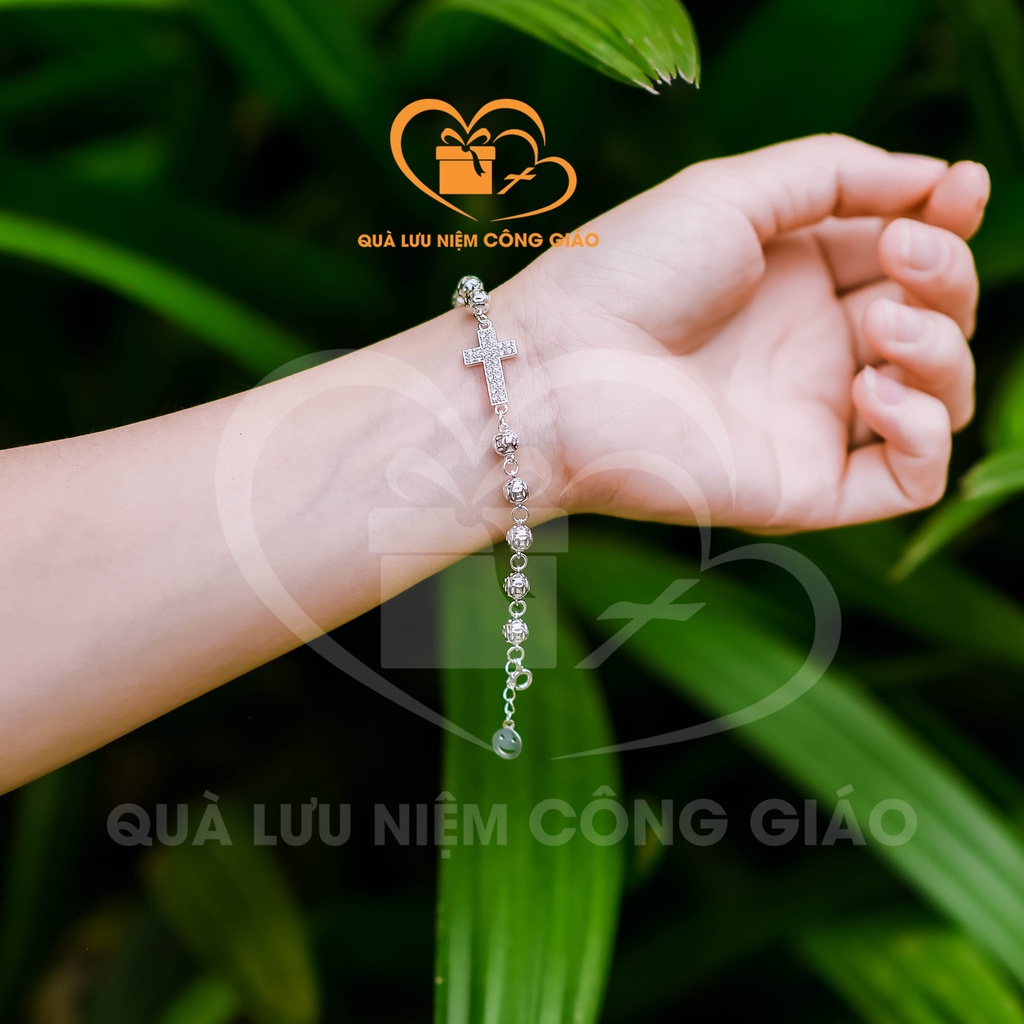 Chuỗi mân côi ,lắc tay nữ hình Thánh giá kín chất liệu bạc trẻ trung Quà Lưu Niệm Công Giáo