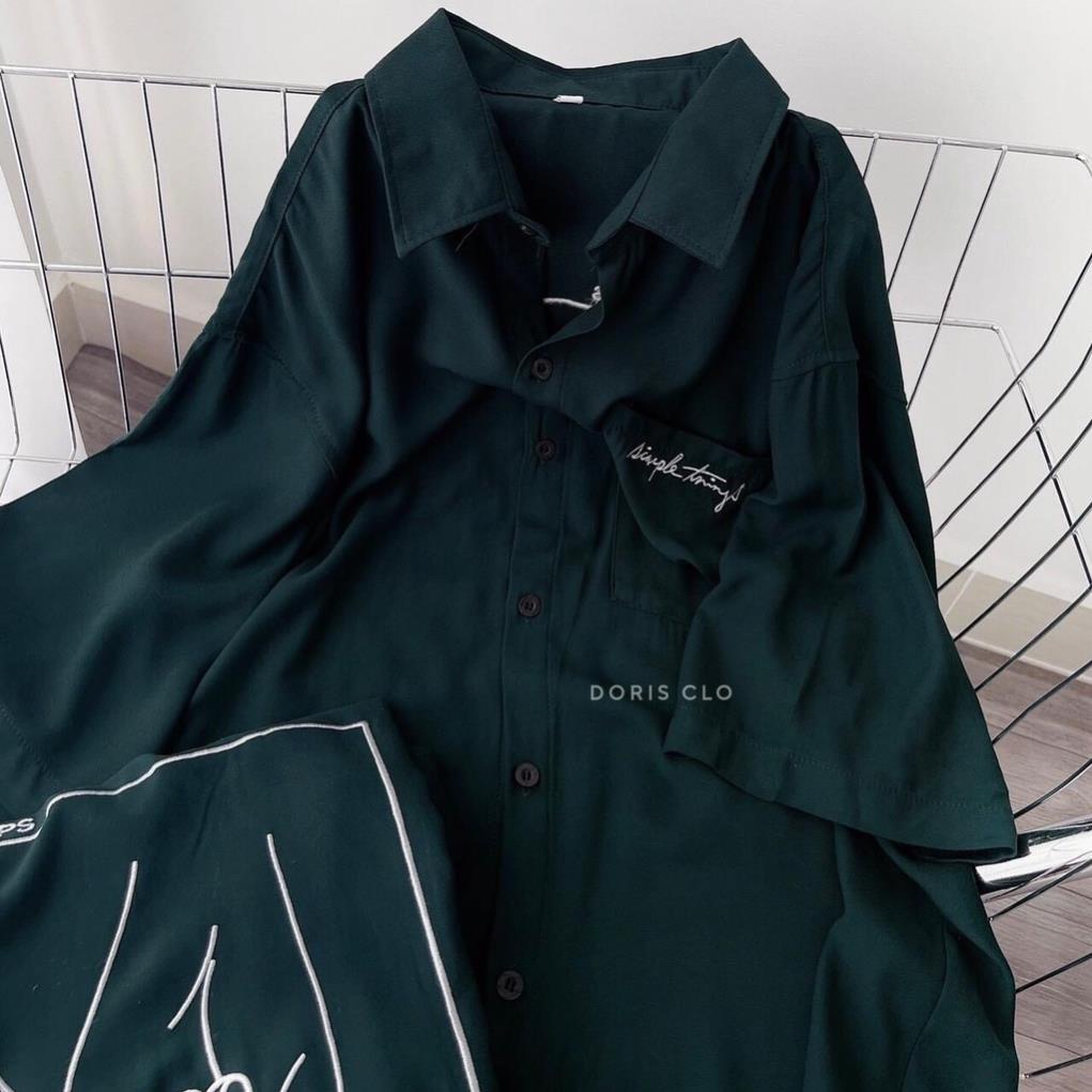 Sơ Mi Hàn Quốc Nam Nữ Thêu Hình Đôi BÀn Tay Tình Yêu Thêu Túi Ngực Màu Xanh Sơ Mi Đi Học Nam Nữ