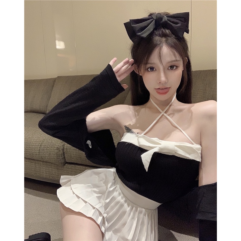 DUNEA Áo Ống Hai Dây Đính Nơ Quyến Rũ Thời Trang Cho Nữ