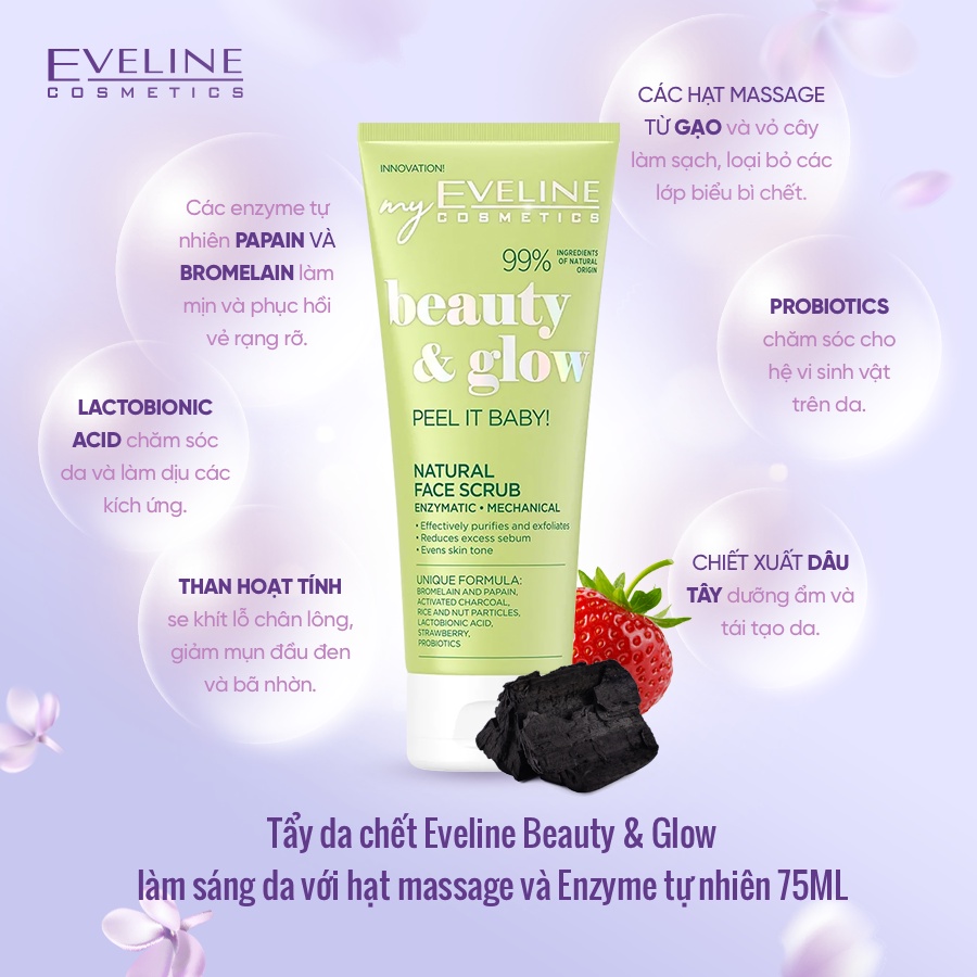 Tẩy da chết Eveline Beauty &amp; Glow làm sáng da với hạt massage và Enzyme tự nhiên 75ML