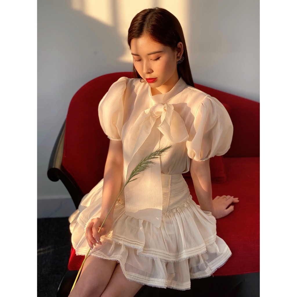 Set áo sơ mi và chân váy organza nữ HB HUONGBOUTIQUE HBSM887