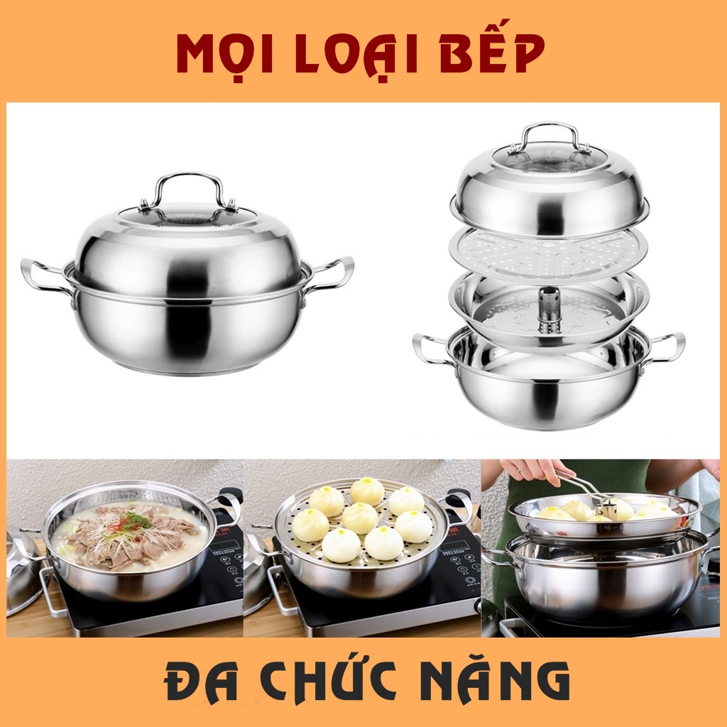 Nồi lẩu kết hợp nồi hấp inox nấu được trên mọi loại bếp, nồi lẩu inox