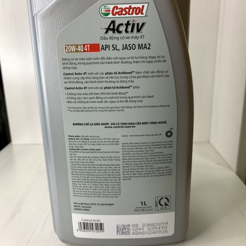 Nhớt XE SỐ Castrol Activ 4T, SAE 20W40, API SL, JASO MA2