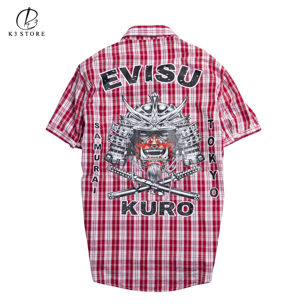 Áo sơ mi caro sọc trắng đỏ evisu K3 STORE kaki cotton hàng in độc quyền SN971