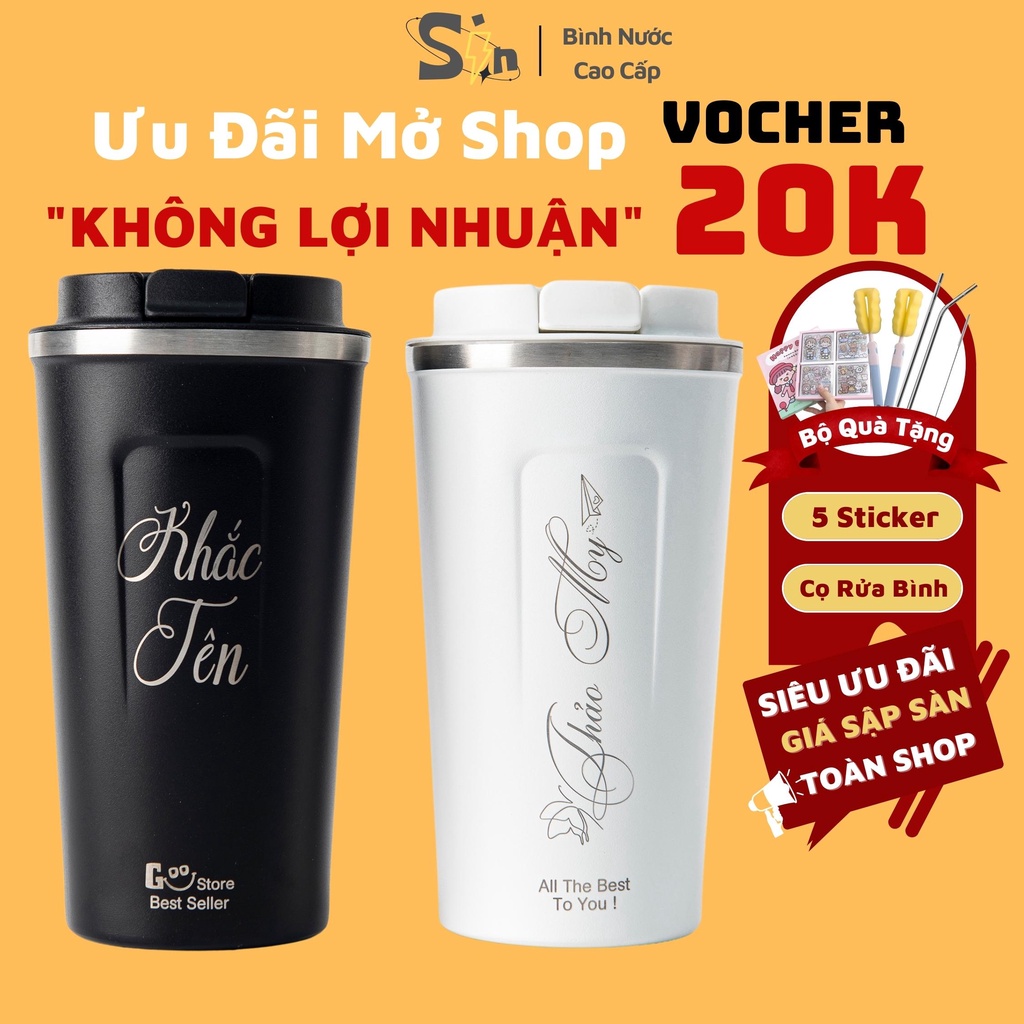 Cốc giữ nhiệt in tên theo yêu cầu 510ml Sins Shop ly coffee inox 304, bình nước khắc tên tặng Sticker trang trí Cọ bình