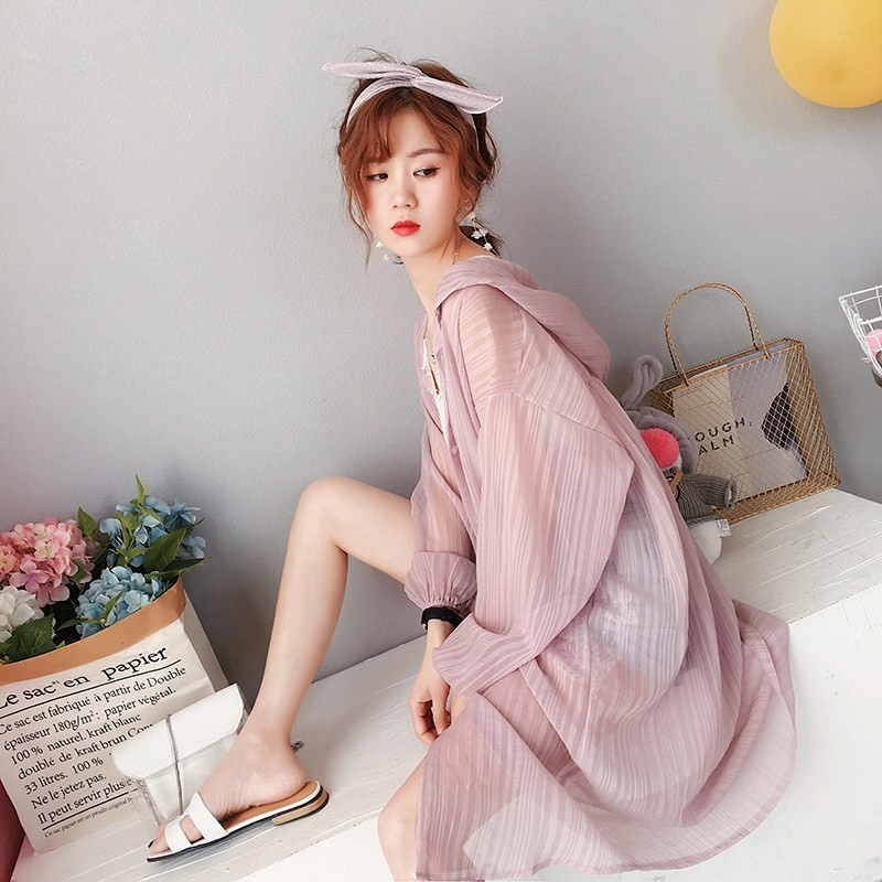 Áo Khoác Lụa Mỏng Dáng Dài Có Mũ Trùm Đầu Size S-2Xl