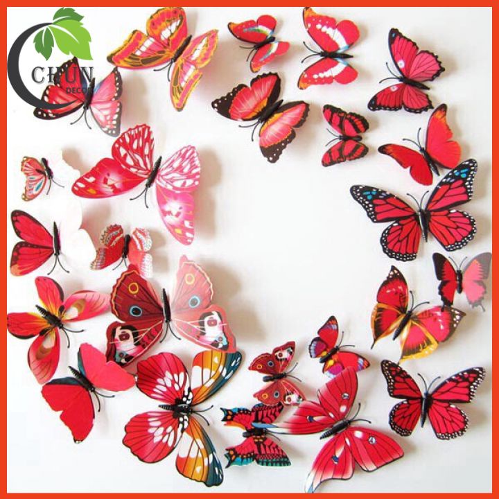 Bộ 12 decal dán tường hình bướm 3D cánh đơn, cánh kép đế nam châm trang trí cửa kính, tủ quàn áo, giỏ hoa, ảnh treo châm
