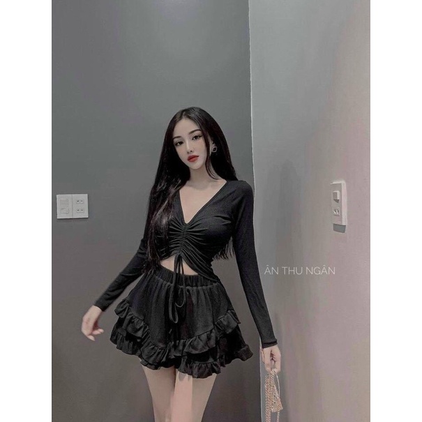 Set áo rút dây cổ v và chân váy bèo tầng siêu hot | BigBuy360 - bigbuy360.vn