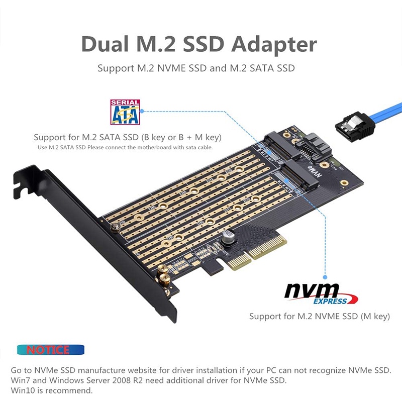 JEYI SK7 Server M.2 NVMe SSD NGFF SATA TO PCIE3.0 X4 4X Adapter M Key B KEY Dual Port Card PCI-E3.0 Dual Voltage 12V+3.3V U.2