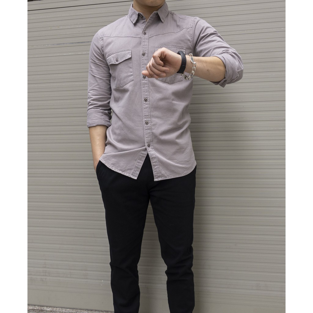 Sơ mi denim kaki nam