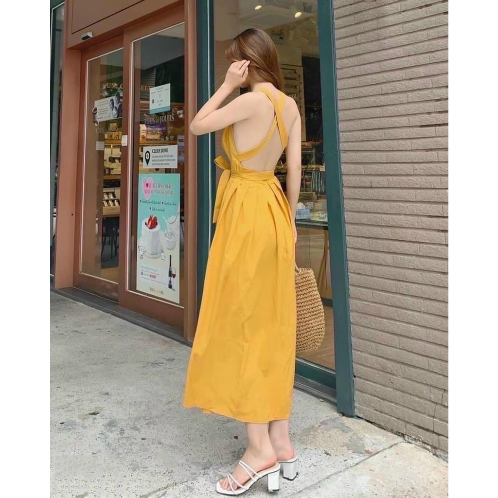 Đầm váy nữ dự tiệc maxi màu vàng 2 dây chéo lưng kèm băng đô đi biển xinh đẹp chất Lụa mềm mại