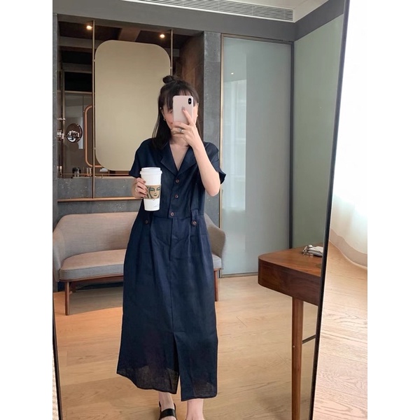 Đầm linen cổ V dáng dài