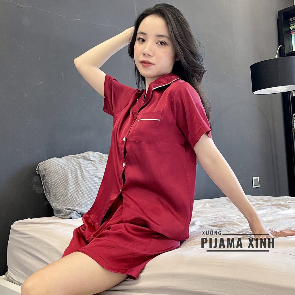 Đồ Bộ Pijama - Bộ Lụa Latin cao cấp màu đỏ đô tay ngắn quần dài, đùi