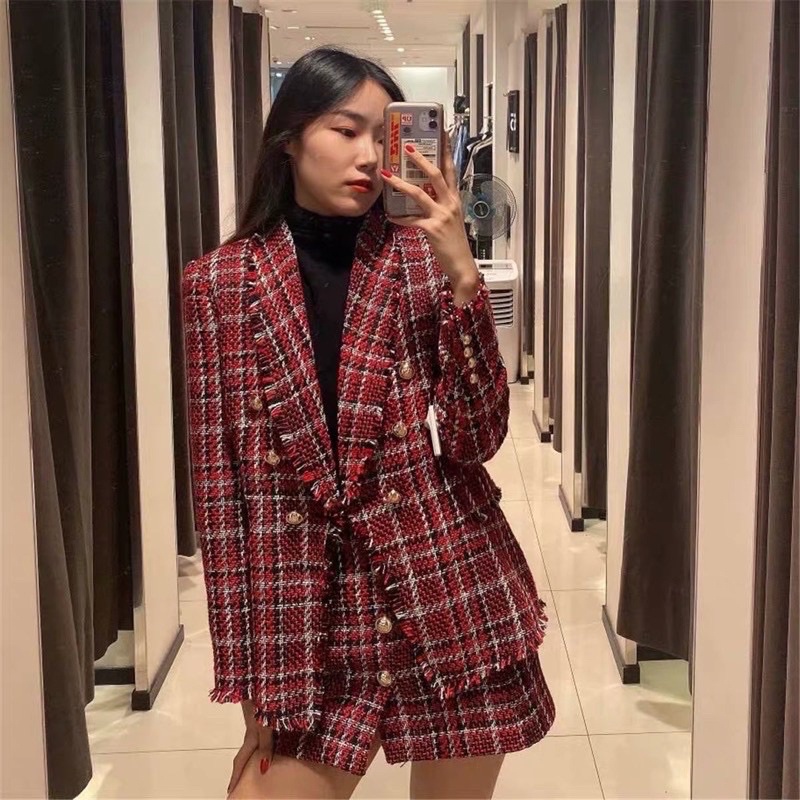 𝐁𝐞𝐬𝐭 𝐒𝐞𝐥𝐥𝐞𝐫 :Set Dạ kẻ đỏ Zr xuất BLAZER+CHÂN VÁY khuy đồng-ORDER/ẢNH THẬT