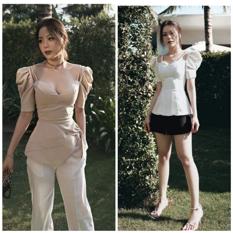 Set quần suông + áo tay phồng peplum cúp ngực thiết kế ( có mút)