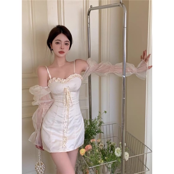 VÁY DÁNG ÔM PHỐI DÂY BUỘC TAY PHỒNG XUYÊN THẤU SEXY THỜI TRANG NỮ