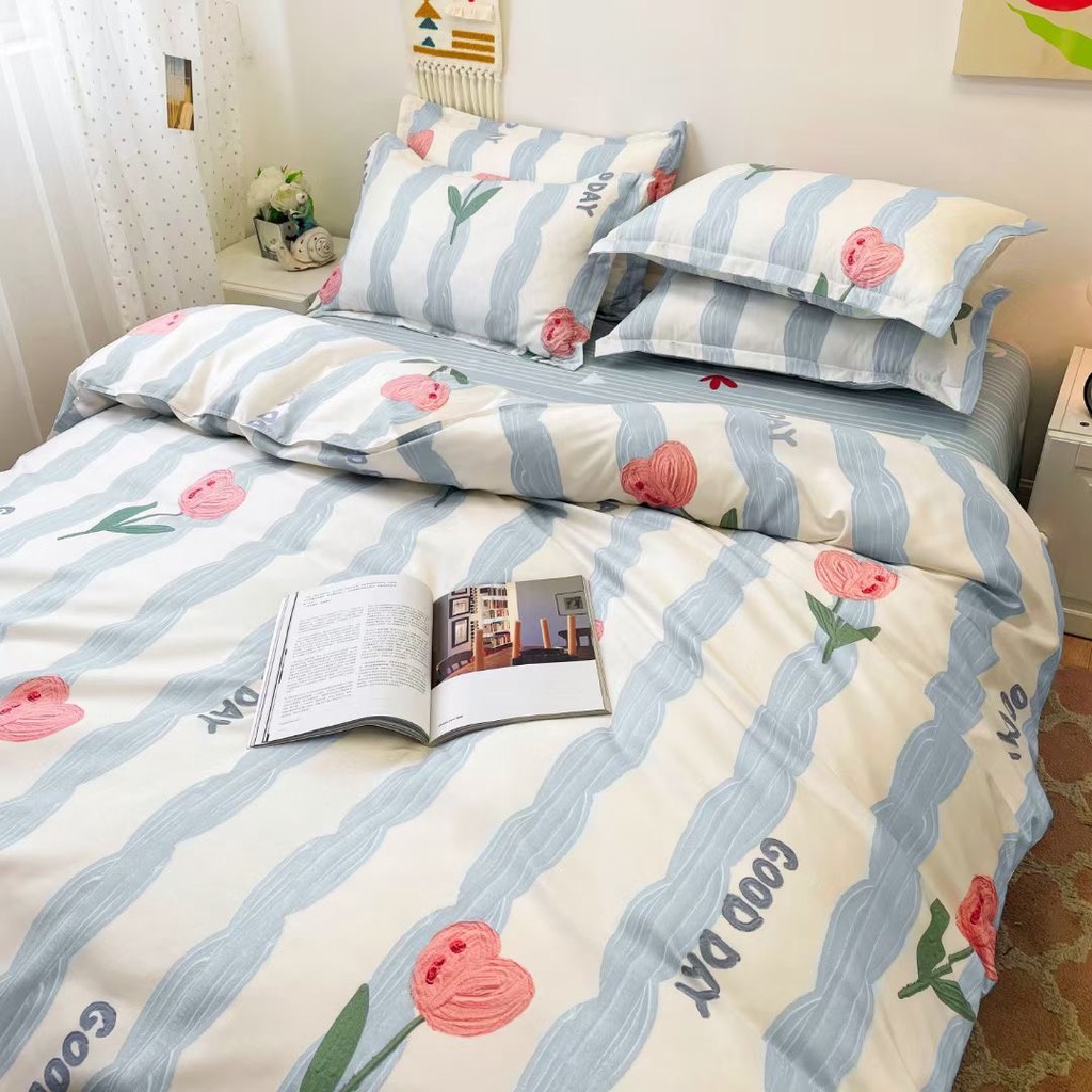 Bộ chăn ga gối Cotton poly M2T bedding gồm vỏ chăn mền, drap ga giường và 2 vỏ gối nằm - Pl Hoa Tuy Lip Hồng