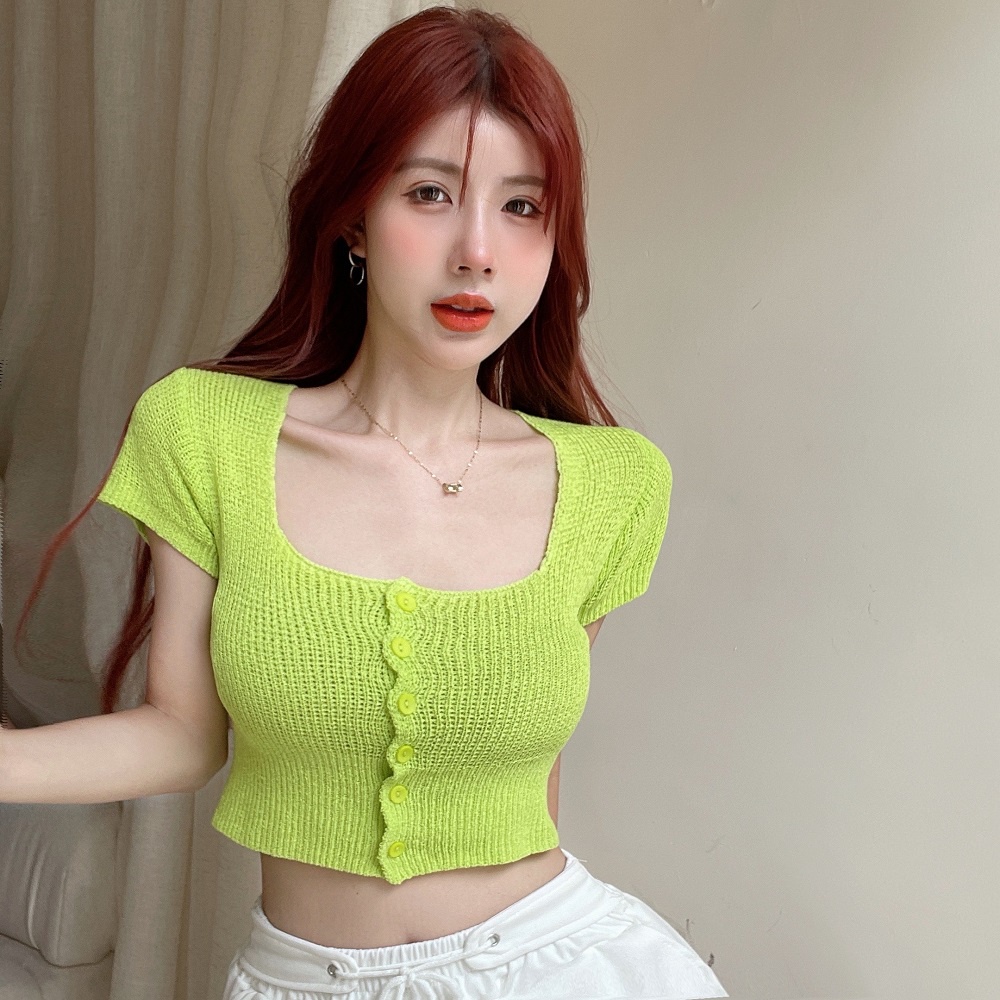 Áo croptop ZHELIHANGFEI dệt kim tay ngắn cổ vuông thiết kế quyến rũ thời trang dành cho nữ