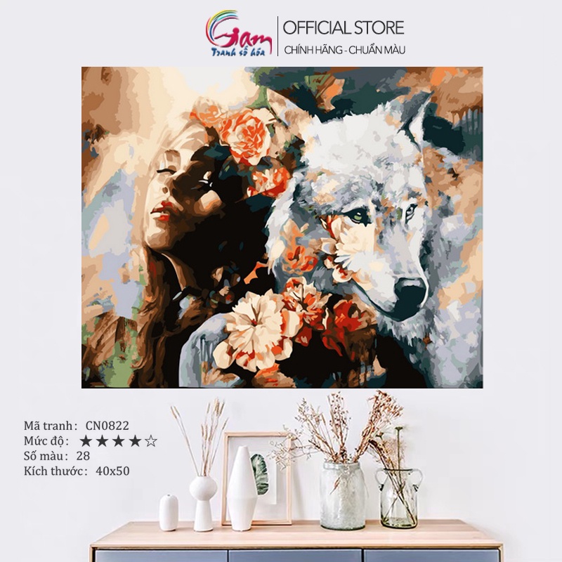 Tranh số hóa tô màu theo số GAM cô gái và chó sói trang trí tường căng khung 40x50cm CN0822