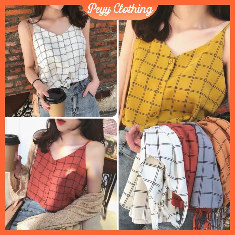 Áo 2 dây đẹp kẻ caro phong cách ulzzang Hàn Quốc, Áo hai dây lụa xinh xắn họa tiết caro bắt mắt A03 - Peyy Clothing | BigBuy360 - bigbuy360.vn