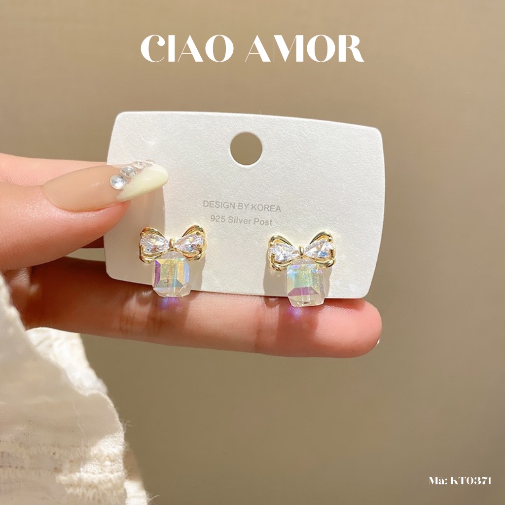 KT0372-Khuyên tai nữ, Bông tai nữ bạc 925 nụ nơ mạ màu mix lấp lánh dễ thương Trang sức Ciao Amor