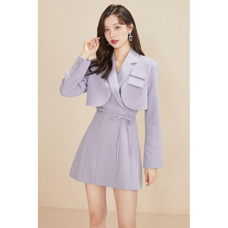 SẴN S M  Set Vest Croptop Váy Liền Tím Pastel