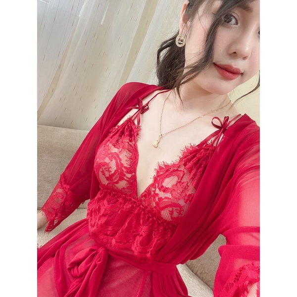 Sẵn sỉ _ Set choàng ngủ nữ 2 dây, đầm ngủ phối choàng ren kèm quần chip siêu sexy SP431
