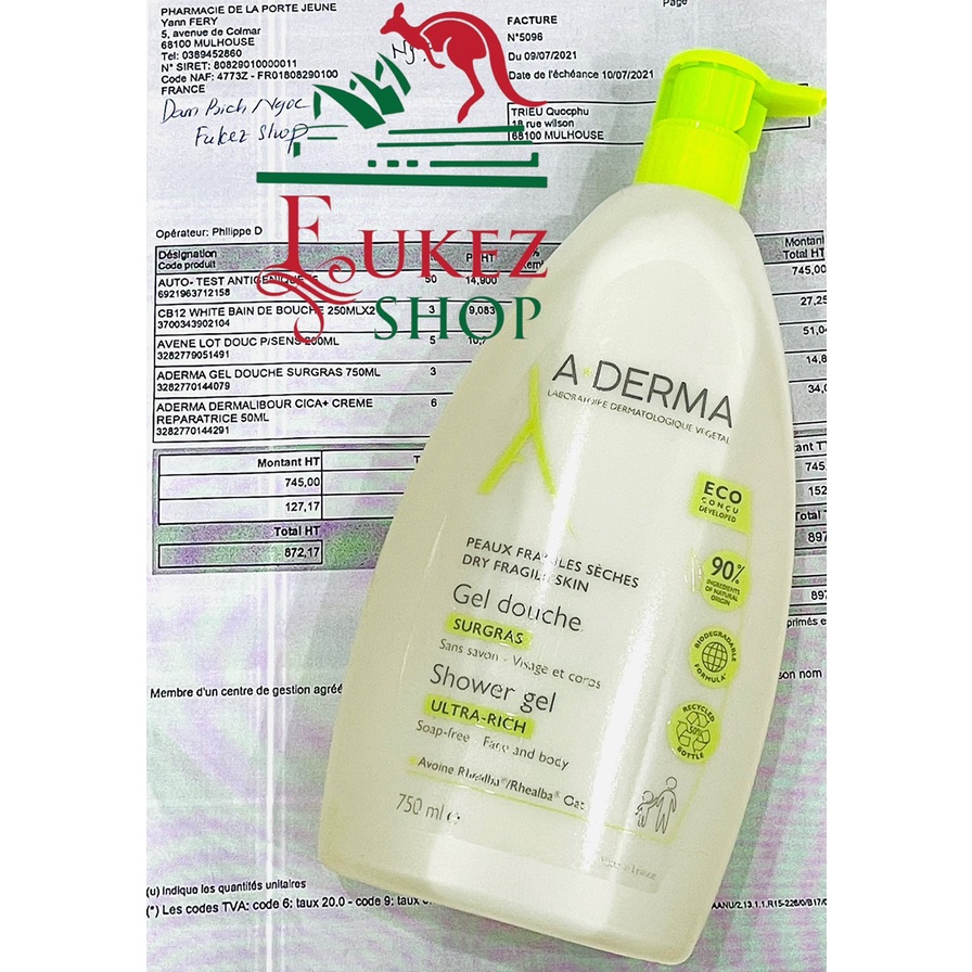 Sữa tắm dưỡng ẩm A Derma Surgras 750ML - Bill Pháp