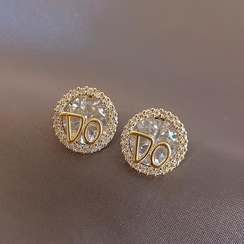 Bông Tai Mạ Bạc 925 Hình Chữ D Đính Đá zircon Lớn Phong Cách Hàn Quốc Thời Trang Cho Nữ