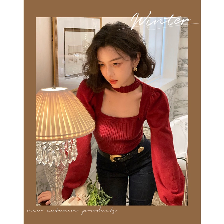 QKOOLE  Áo dệt kim cổ vuông màu đỏ/ đen phong cách Hàn Quốc thời trang cá tính cho nữ