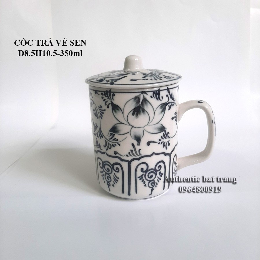 Cốc sứ uống trà có nắp Oanh Gia Authentic Bat Trang - Sản phẩm vẽ tay thủ công 100% dung tích 350ml