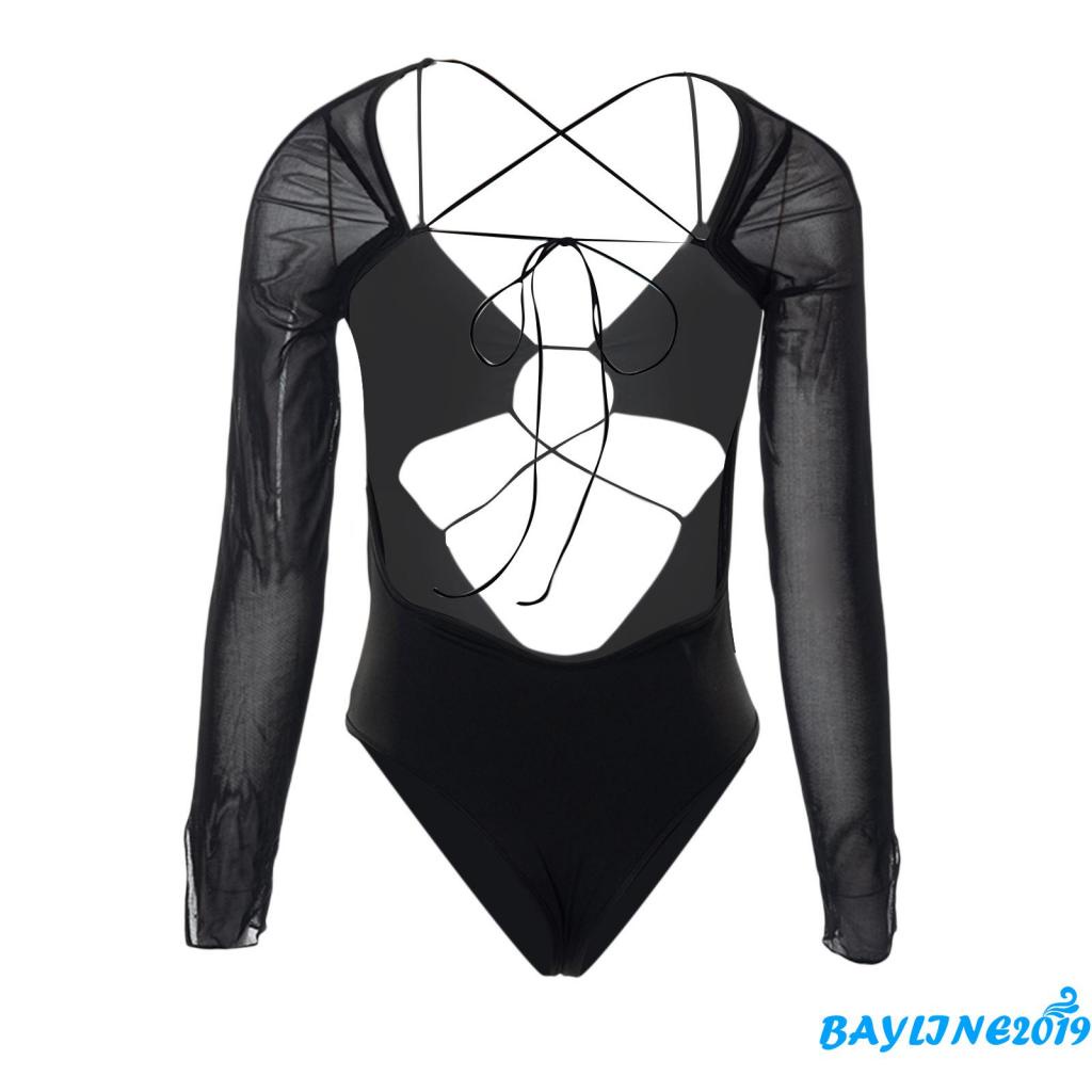 Áo Liền Quần Tay Dài Màu Trơn Phối Lưới Hở Lưng Quyến Rũ Dành Cho Nữ