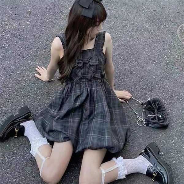 Đầm Hai Dây Vải Mềm Thắt Nơ Họa Tiết Caro Phong Cách Nhật Bản Thời Trang Mùa Hè Dành Cho Nữ