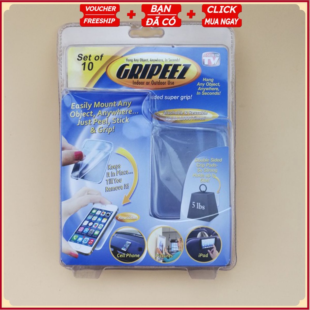 Bộ 10 Miếng Nhựa Siêu Dính Huk Giữ Đồ Vật Siêu Chắc Gripeez (Hình Chữ Nhật)