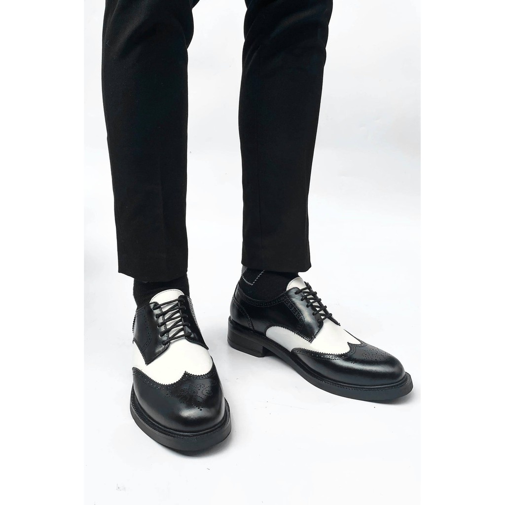 Giày Derby nam Black White da bò đế phíp gỗ, Giày da buộc dây