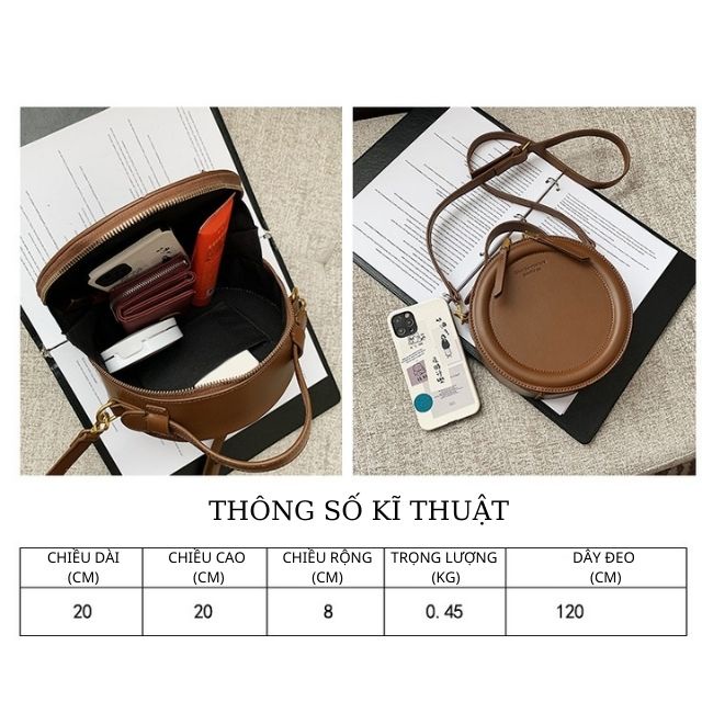 Túi xách, túi đeo chéo nữ dáng hộp tròn, da PU, style Hàn Quốc thanh lịch, nữ tính