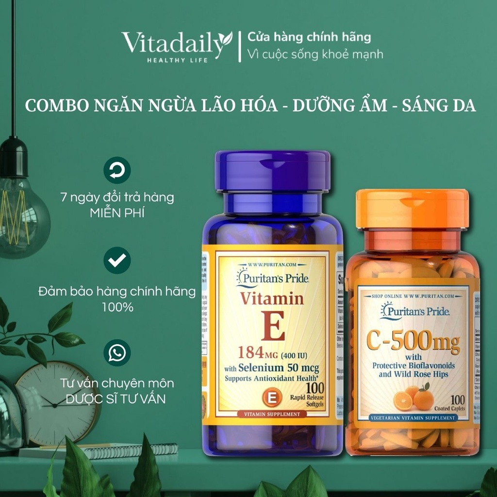 Combo viên uống ngăn ngừa lão hóa, dưỡng ẩm, sáng da Vitamin E & Vitamin C Puritan's Pride của Mỹ