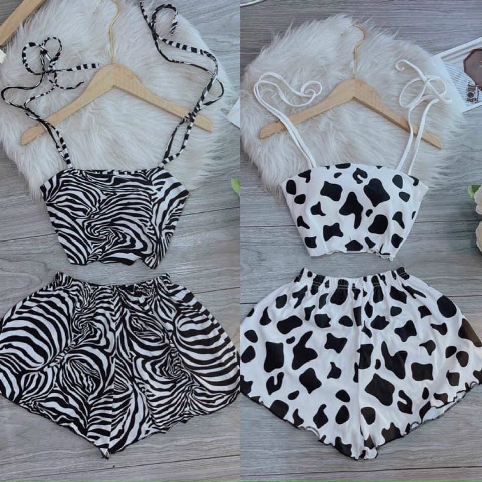 set áo 2 dây buộc nơ vai quần đùi short họa tiết bò vằn
