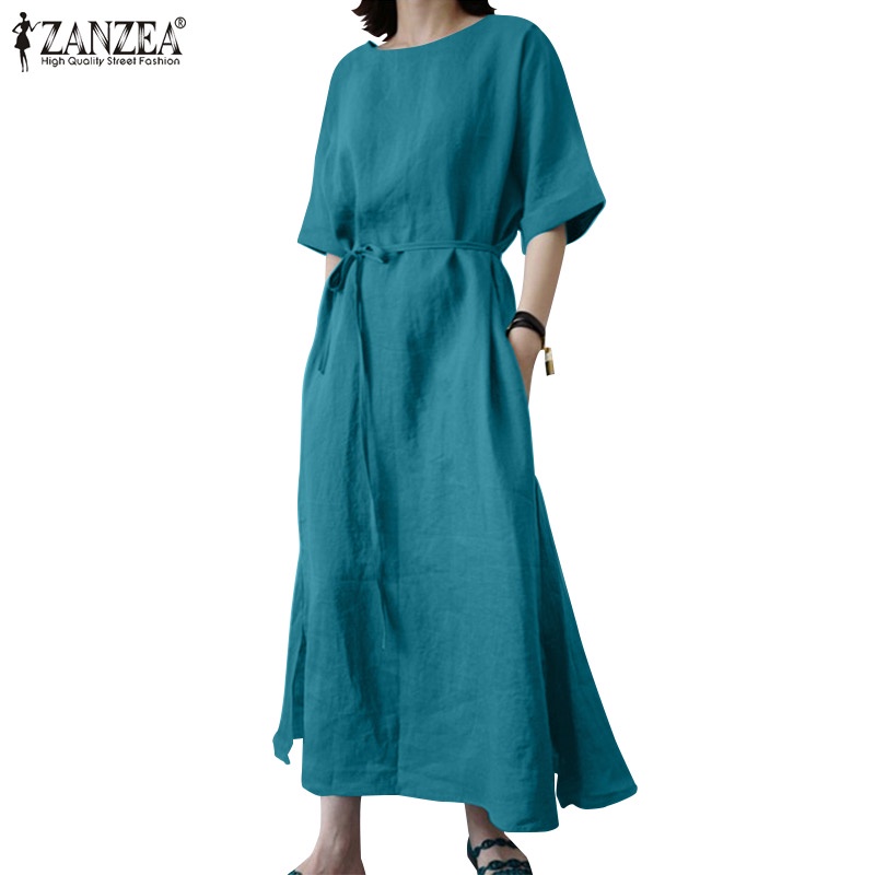 Đầm dài Zanzea dáng rộng cổ tròn tay lỡ màu trơn với thắt lưng thời trang cho nữ