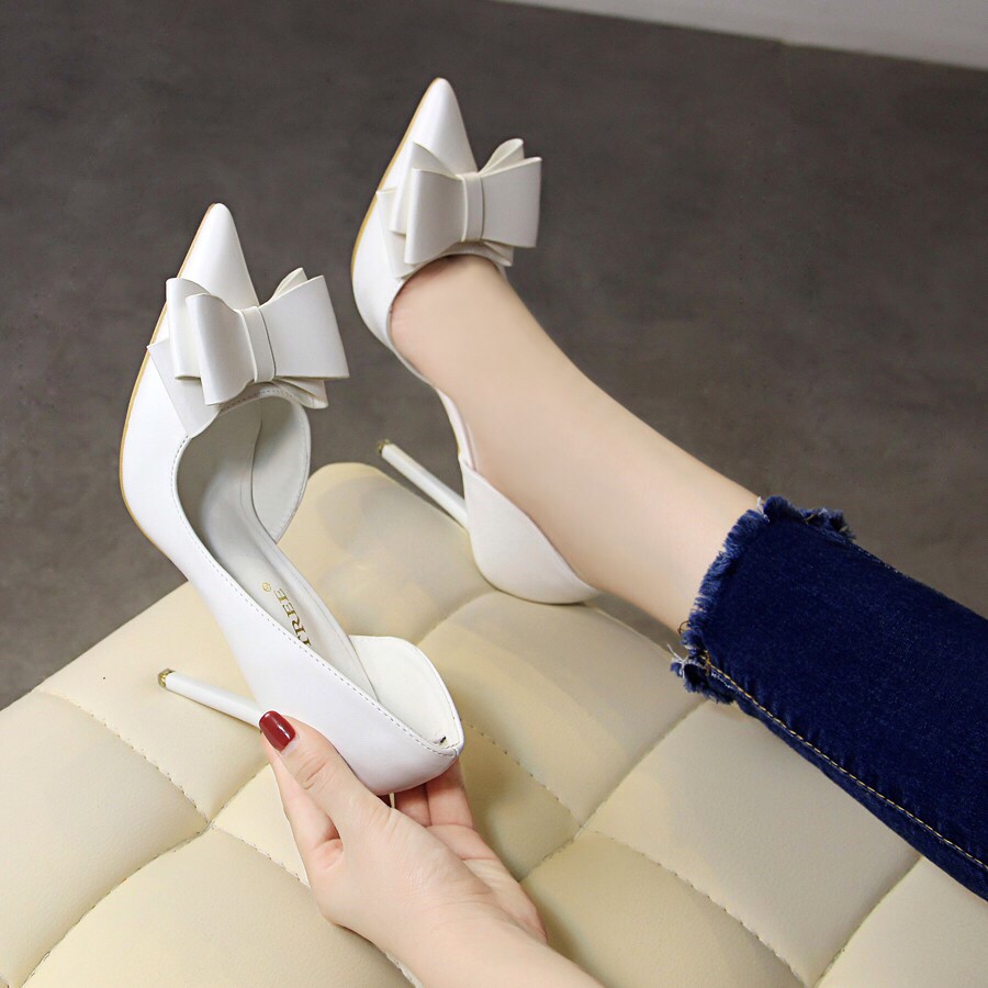 GIày cao gót nơ BIGTREE MÀU TRẮNG - da lì mềm 10cm SẴN SIZE ẢNH THẬT
