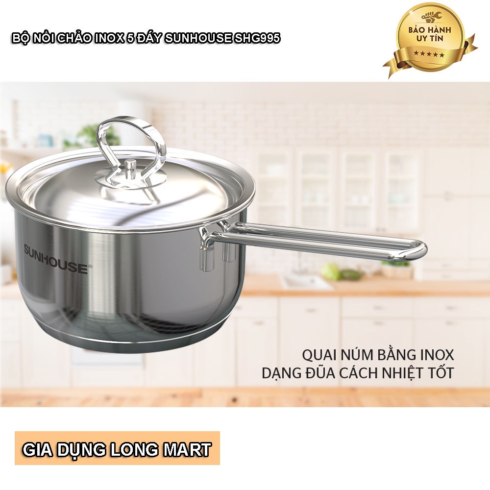 Bộ Nồi Chảo INOX 5 Đáy SUNHOUSE SHG995 Hàng Chính Hãng, Bảo Hành 12 Tháng