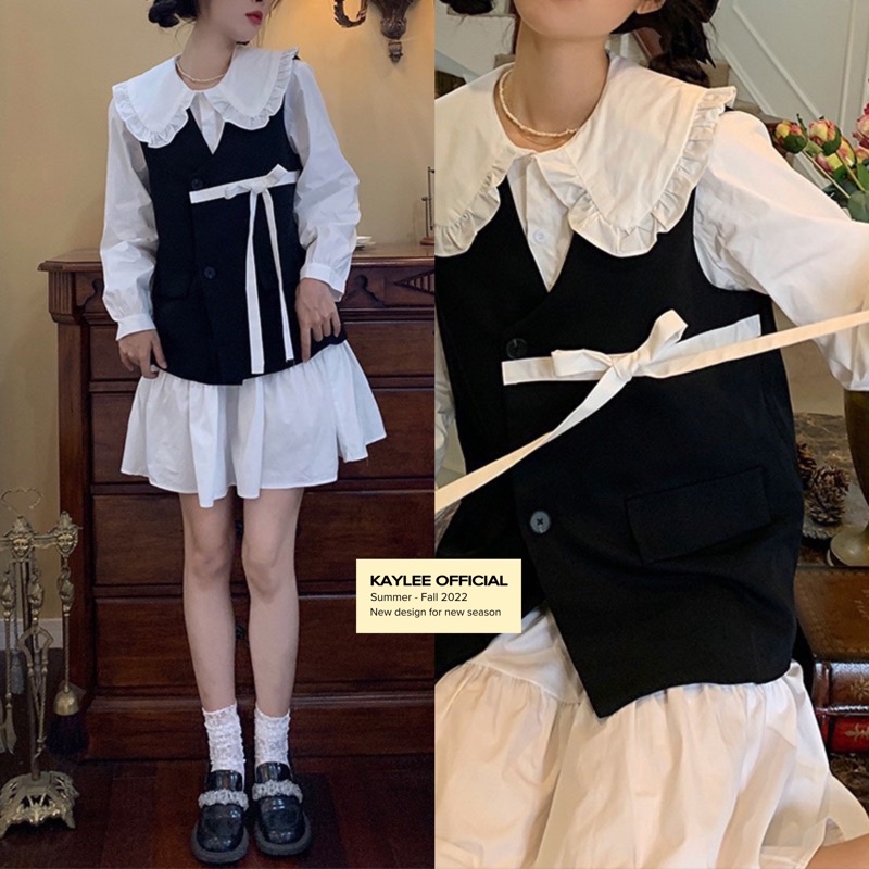 Váy Babydoll Kèm Gile Đính Nơ Hàng QC ảnh thật cận chất Kaylee