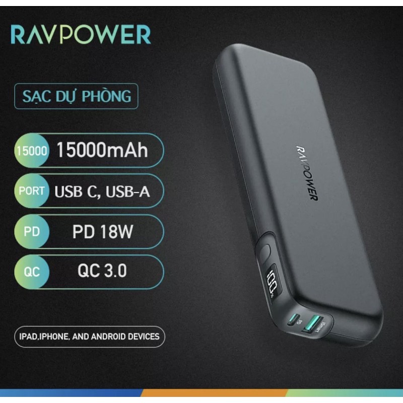 Pin sạc dự phòng RAVPOWER RP-PB203 Pioneer 15000mAh 30W (PD 3.0/ QC 3.0 18W &amp; iSmart 12W)