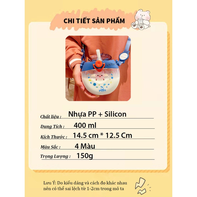 Bình Nước Cho Bé , Bình Nước Cute Có Ống Hút Dung Tích 400ml Bình Nước Có Dây Đeo Cho Bé BN25